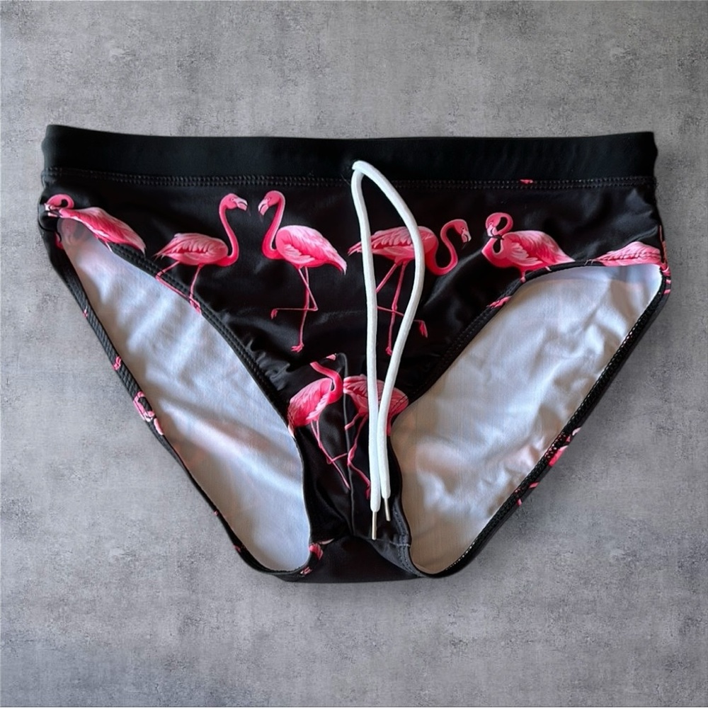 Black Bikini Bottom with Pink Flamingo Print